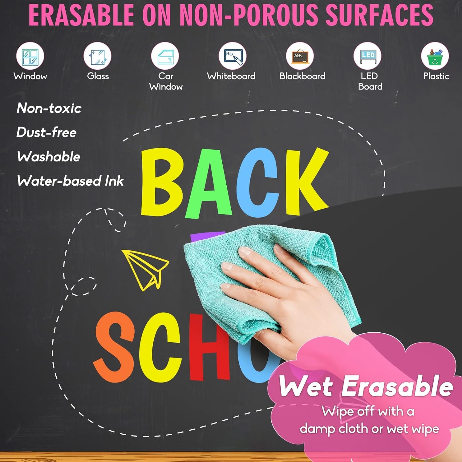 Car Window Markers for Auto Glass Washable - Liquid Window Chalk Markers Pen with 10Mm Jumbo Wide Tips, 8 Neon Colors Chalkboard Markers, Window Paint Markers for Menu Board, Blackboards, LED Poster