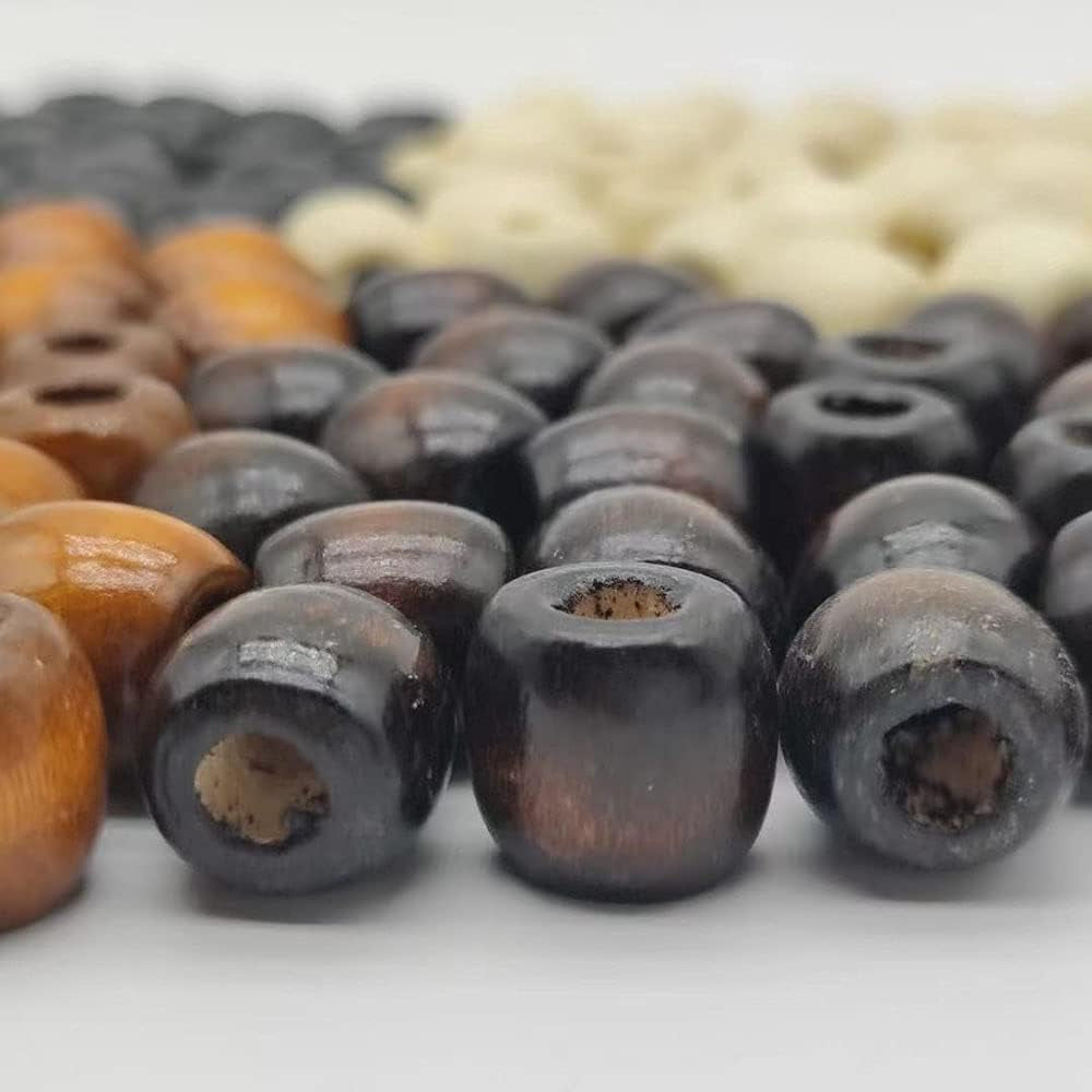 200Pcs Large Hole Barrel Wood European Loose Beads 4 Colors Natural Wooden Dreadlock Hair Braid Beads for Hair Braids Jewelry Bracelet Necklace Making 16X16-17Mm