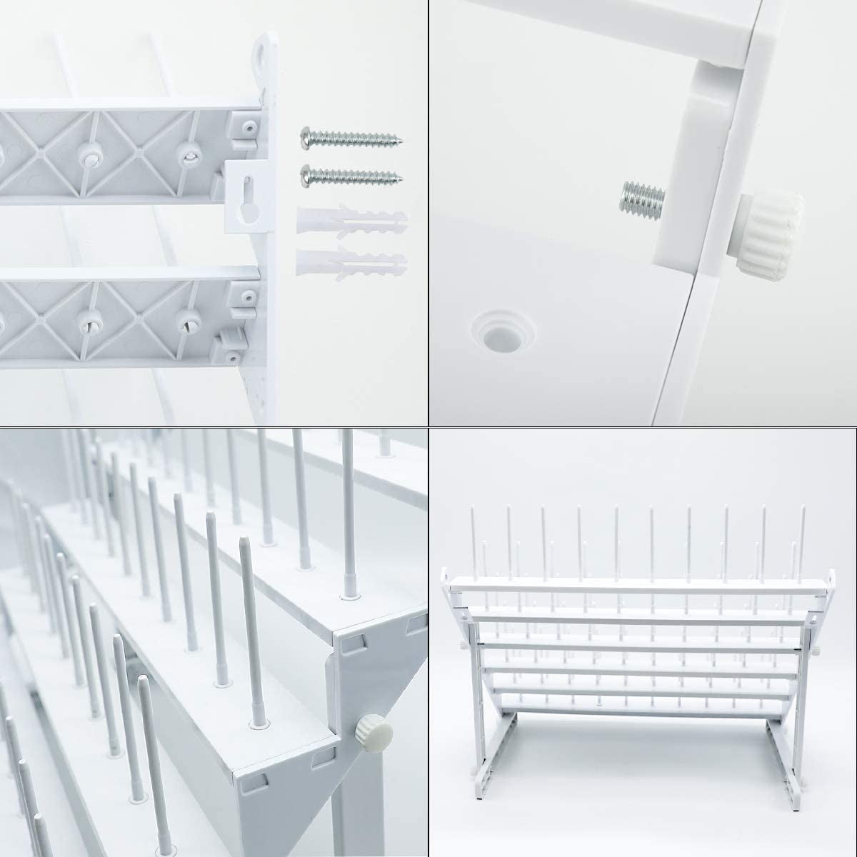 Thread Rack for 60 Spools or 30 Cones, Wall Mounted Large Thread Holder with Long Pegs, Bright White Plastic Thread Stand for Embroidery Serger Sewing Thread Storage and Hair Braiding