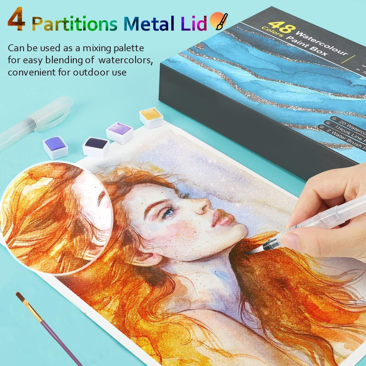 Watercolor Paint Set, 48 Colors Including 6 Metallic Colors in Portable Box, Travel Watercolor Set with Watercolor Papers and Brushes, Water Color Kits for Beginners & Artists