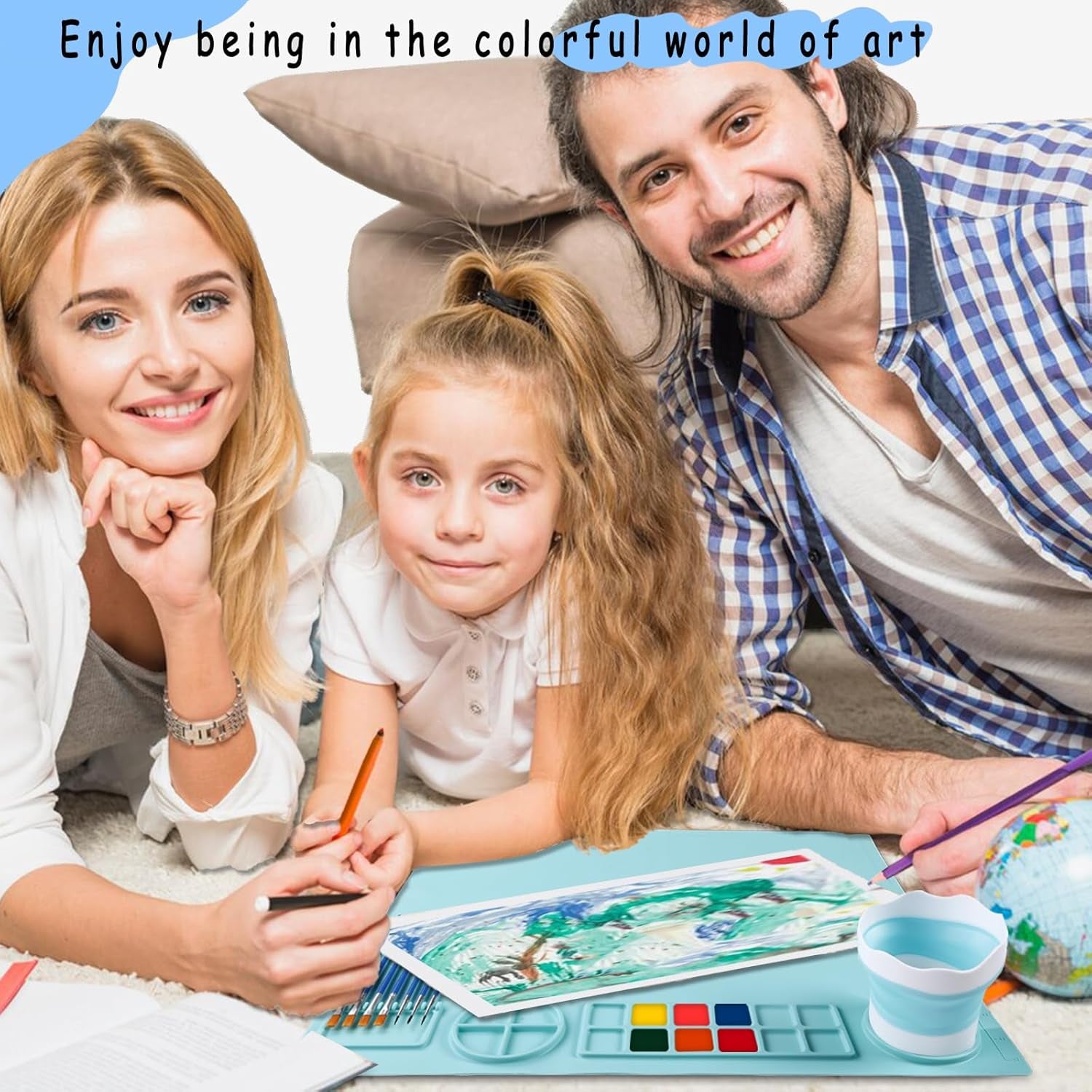 Silicone Craft Mat 20X16 Inch Large Silicone Art Mat with Detachable Cup Painting Mat with 10 Painting Brushes Silicone Drawing Mat Sheets for Kids Adult DIY Accessories (Blue)