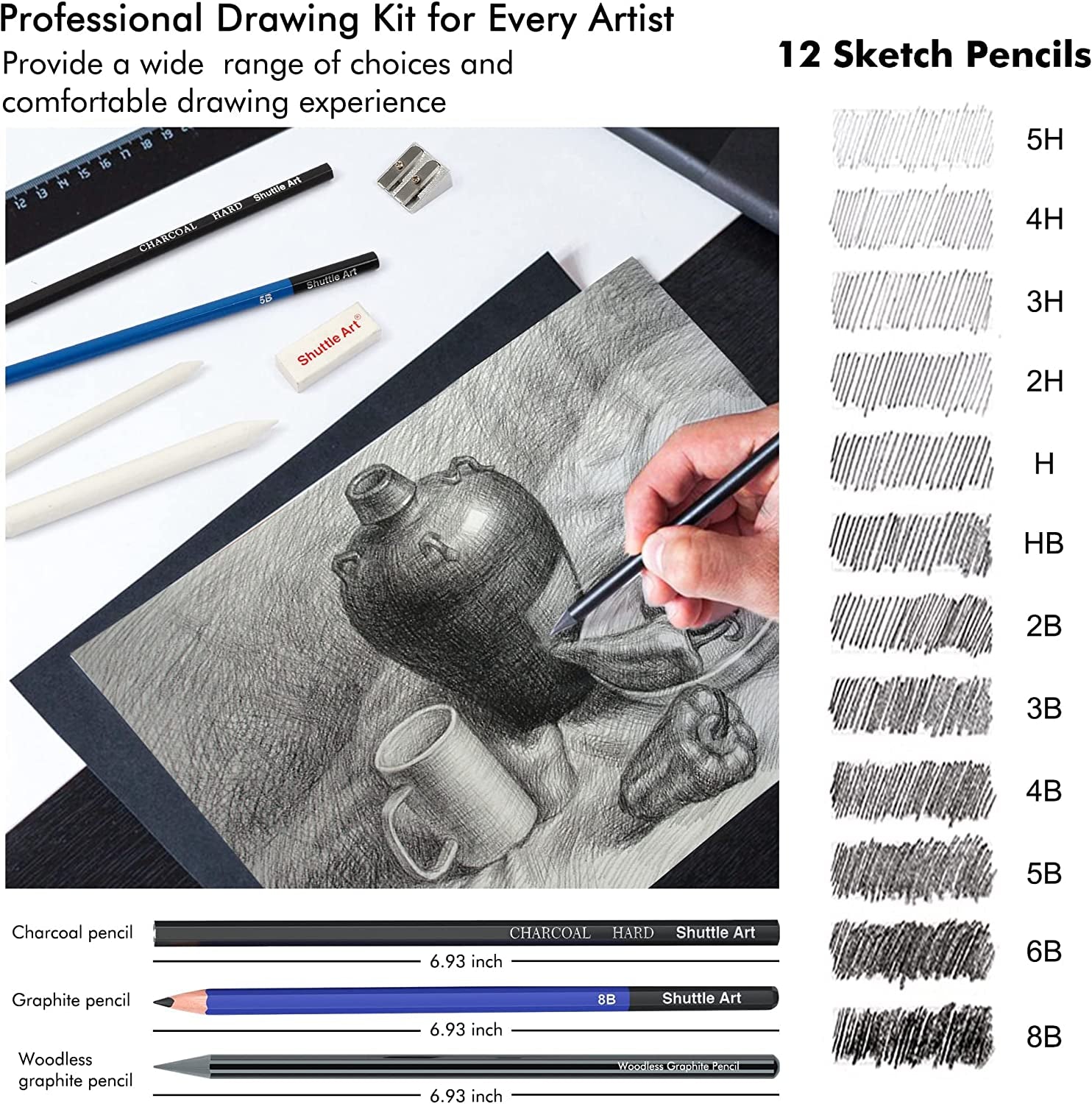 Sketching and Drawing Pencils Set, 37-Piece Professional Sketch Pencils Set in Zipper Carry Case, Drawing Kit Art Supplies with Graphite Charcoal Sticks Tool Sketch Book for Adults Kids
