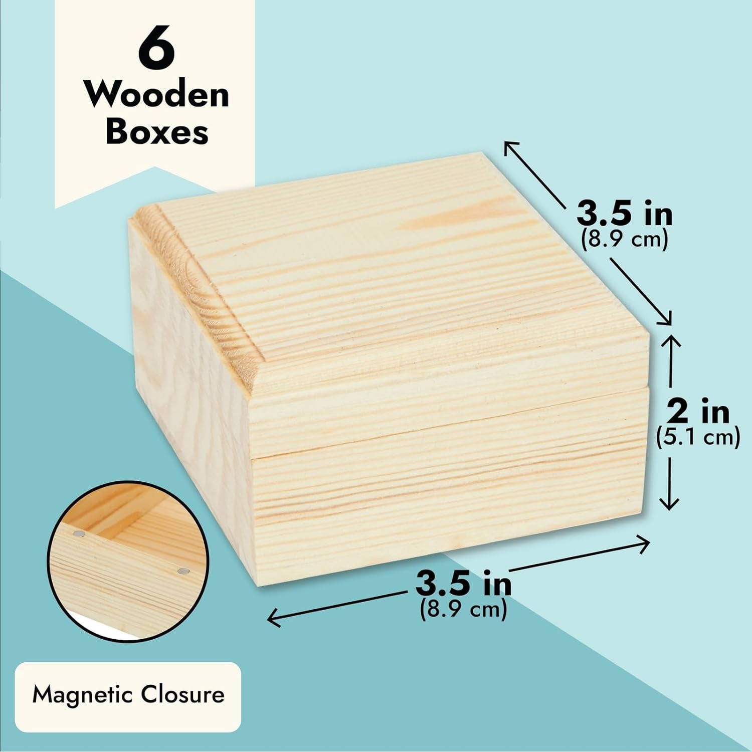 6 Pack Unfinished Wooden Boxes with Hinged Lids, Pinewood Magnetic Wood Box for Crafts, Jewelry Storage (3.5 X 3.5 X 2 In)