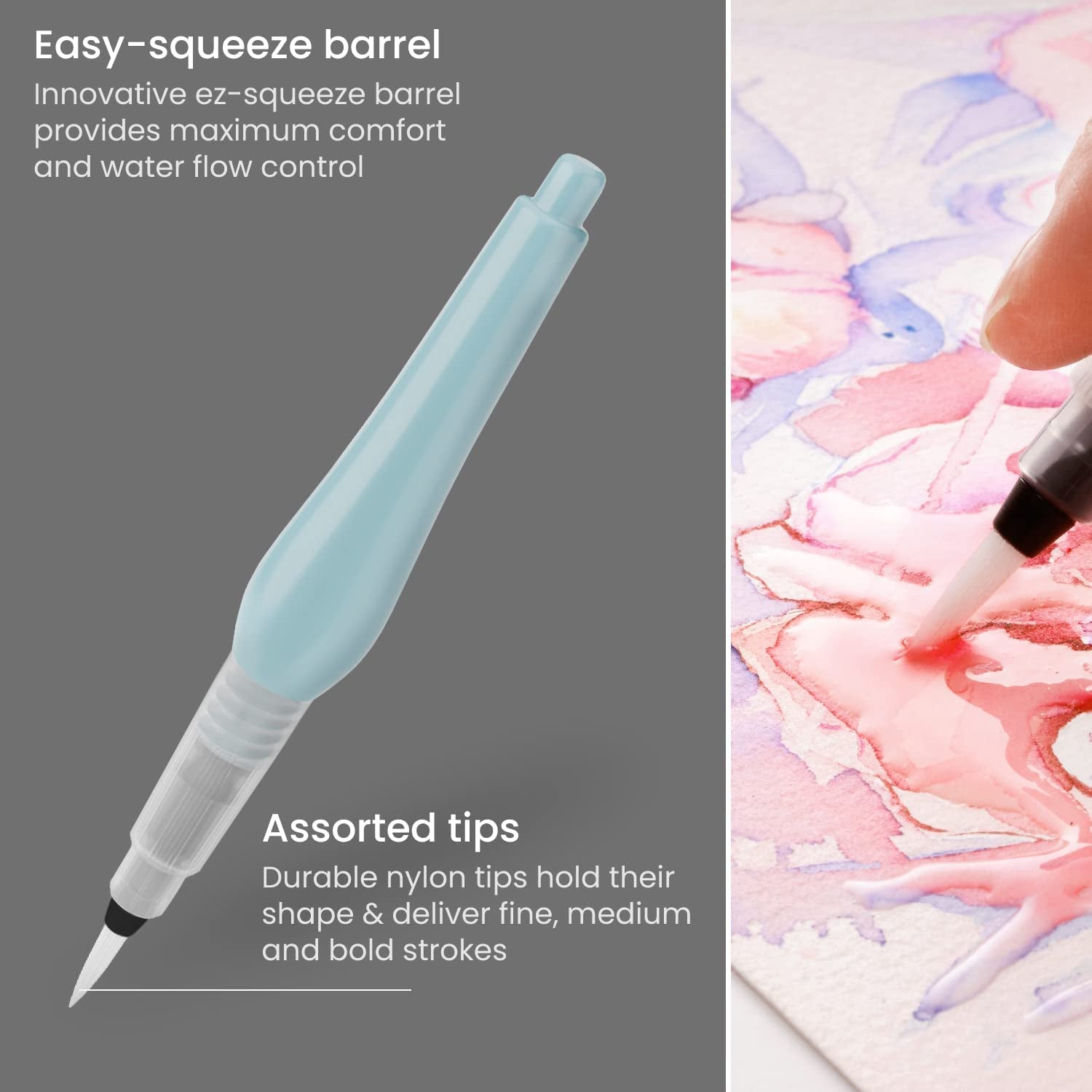 Water Brush Pen, Set of 4, Assorted Soft Nylon Bristle Tips, Self-Moistening Water Brush, Refillable Water Pen