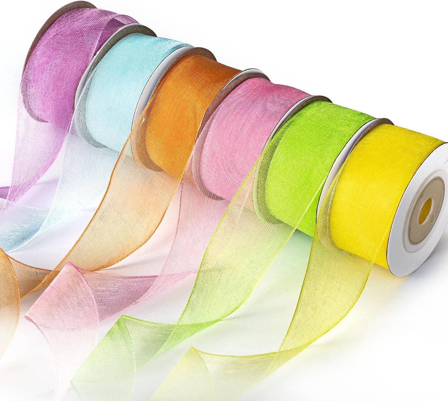 6 Spools Ribbon Sheer Chiffon Ribbon Gift Wrapping Ribbon Summer Ribbon Organza Ribbon for Crafts, 1 Inch Wide 60 Yards
