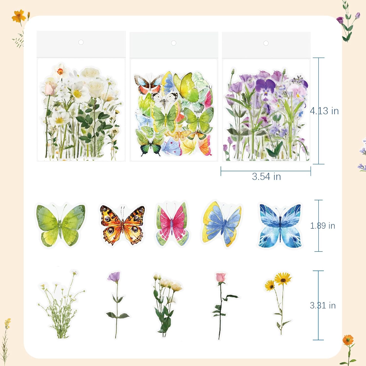 Butterfly Floral Stickers Bulk - 320 Pcs Transparent Realistic Dried Pressed Flower Stickers for Crafts, Envelopes, Scrapbook, Junk Journal Supplies - Waterproof Clear Wildflower for Resin