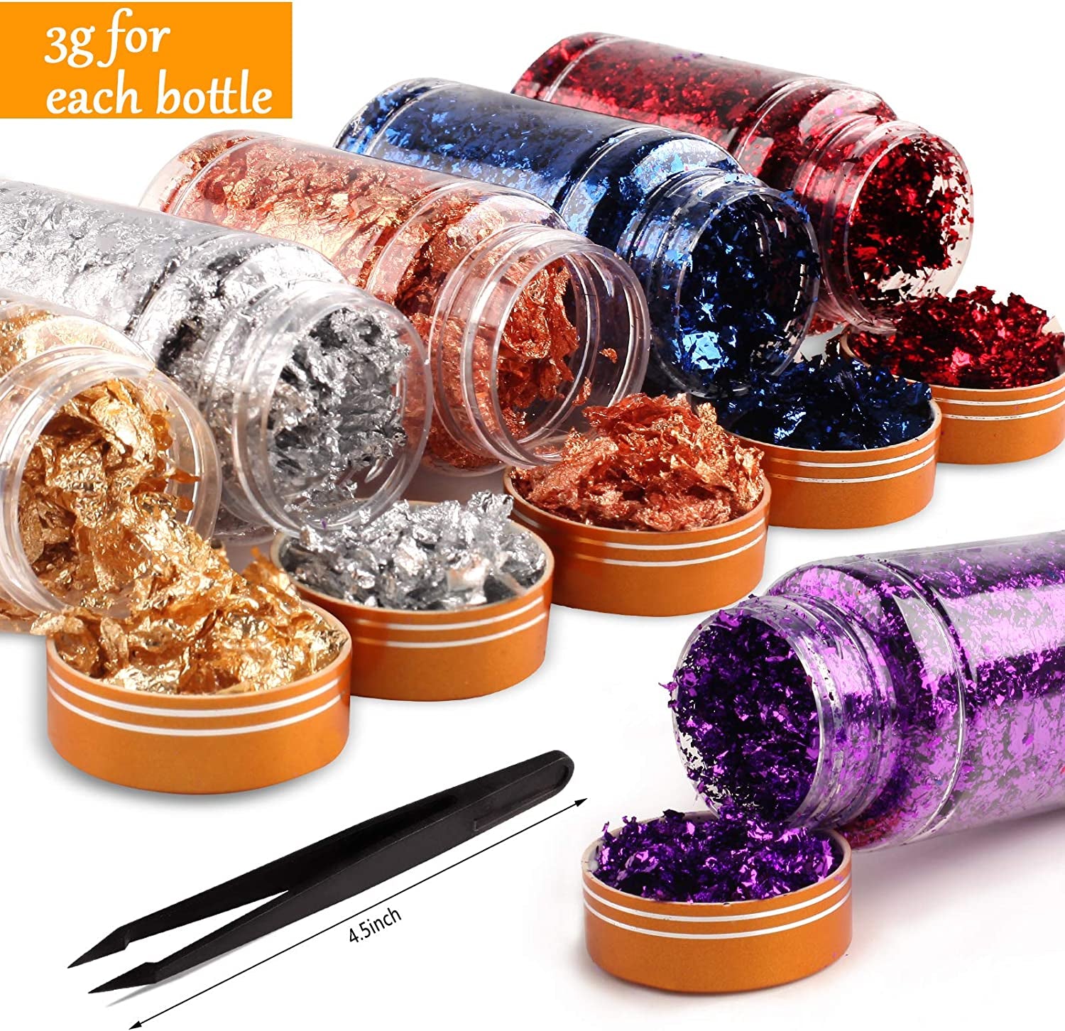 6 Boxes Gilding Flakes, Gold Foil Flakes for Resin, Gold Leaf Gilding Flakes Metallic Foil Flakes with Tweezers for Painting Arts and Resin Crafts, Nail Art (Gold, Silver, Copper, Red, Blue, Purple)