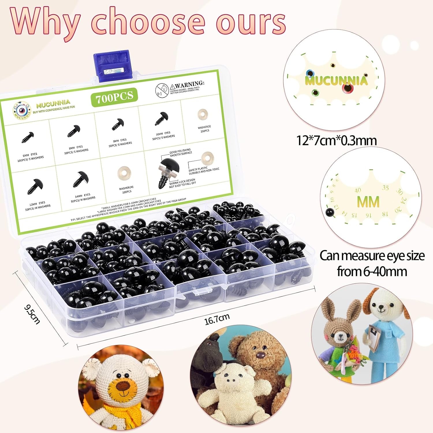 700 Pcs Black Plastic Crochet Safety Eyes with Washers for 6-14Mm Stuffed Animals and Amigurumi DIY Halloween Decorations