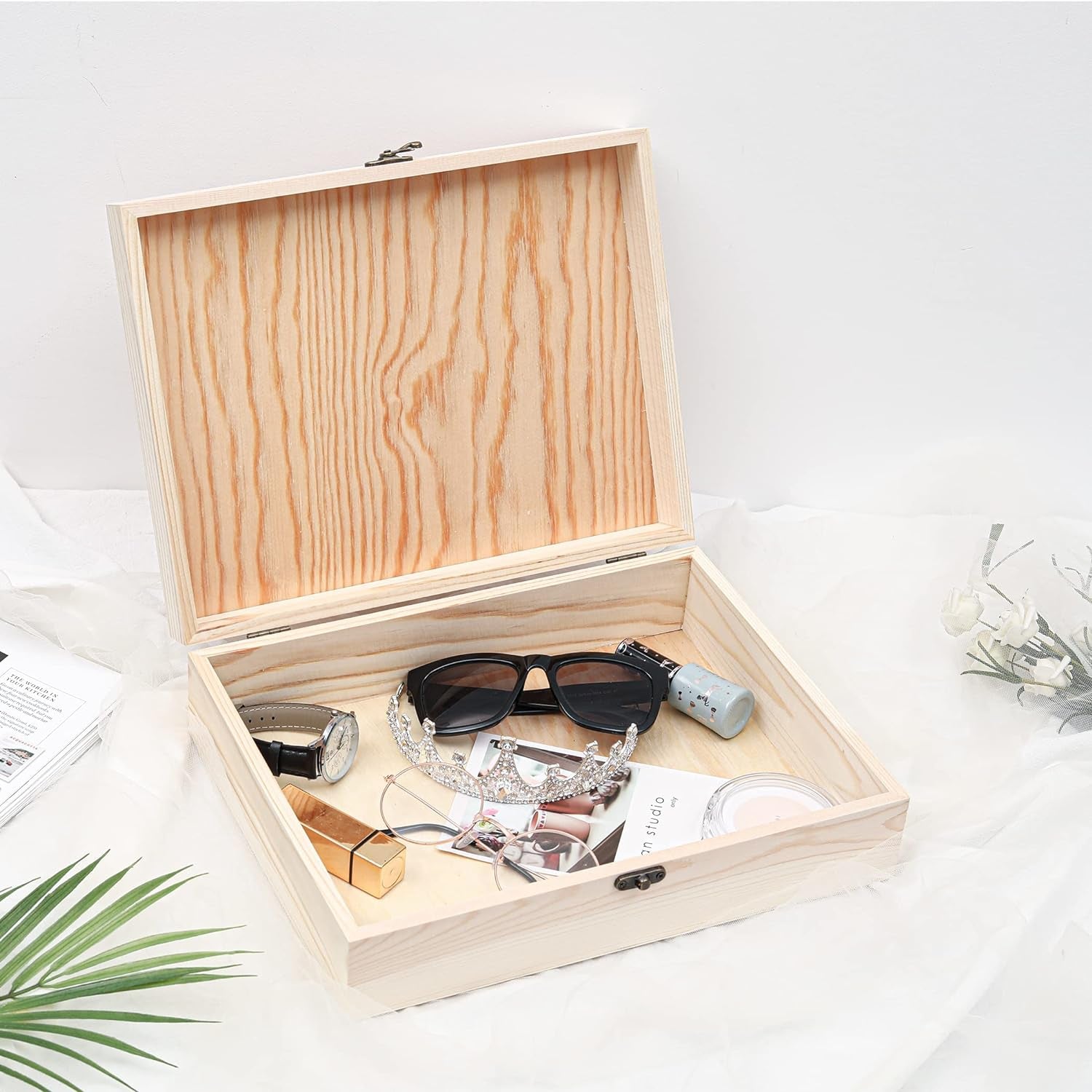 Unfinished Wooden Box with Hinged Lid for Crafts DIY Storage Jewelry Pine Box - 12" X 9" X 3.35"
