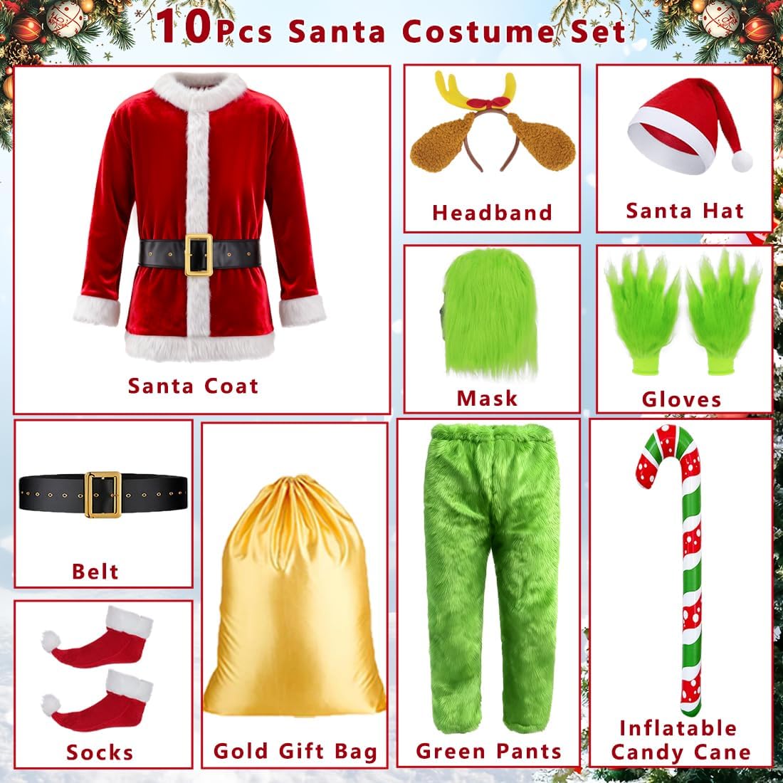 10pcs Adults Santa Costume Suit with Mask Mens Deluxe Christmas Green Santa Claus Outfit for Halloween