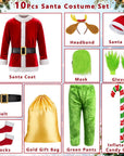 10pcs Adults Santa Costume Suit with Mask Mens Deluxe Christmas Green Santa Claus Outfit for Halloween