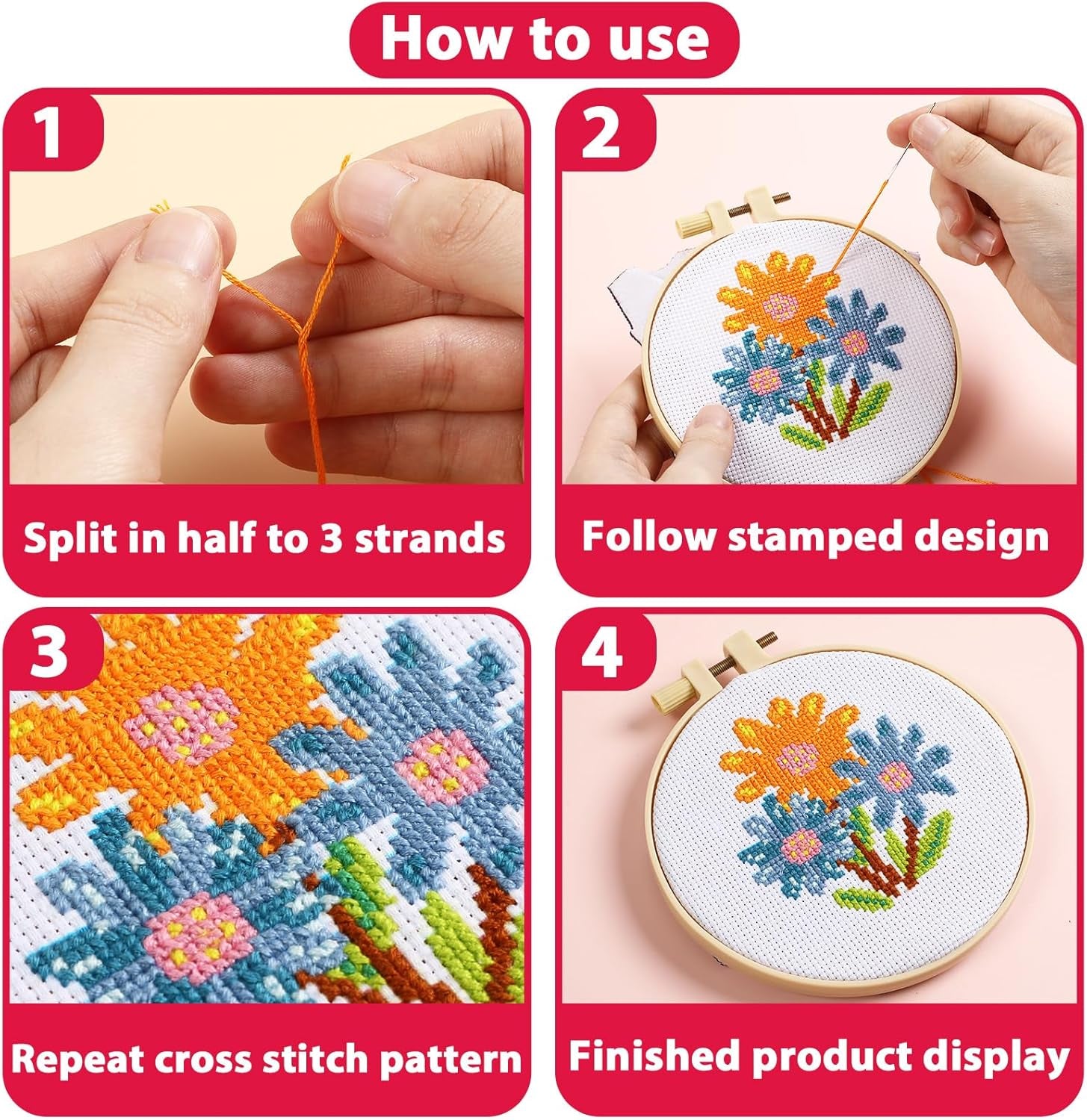 6PCS Cross Stitch Kits for Beginners DIY Embroidery Kit for Kids Adults Birthday Back to School Gift Spring Summer Flower Needlepoint Patterns with 2 Embroidery Hoops Craft Supplies