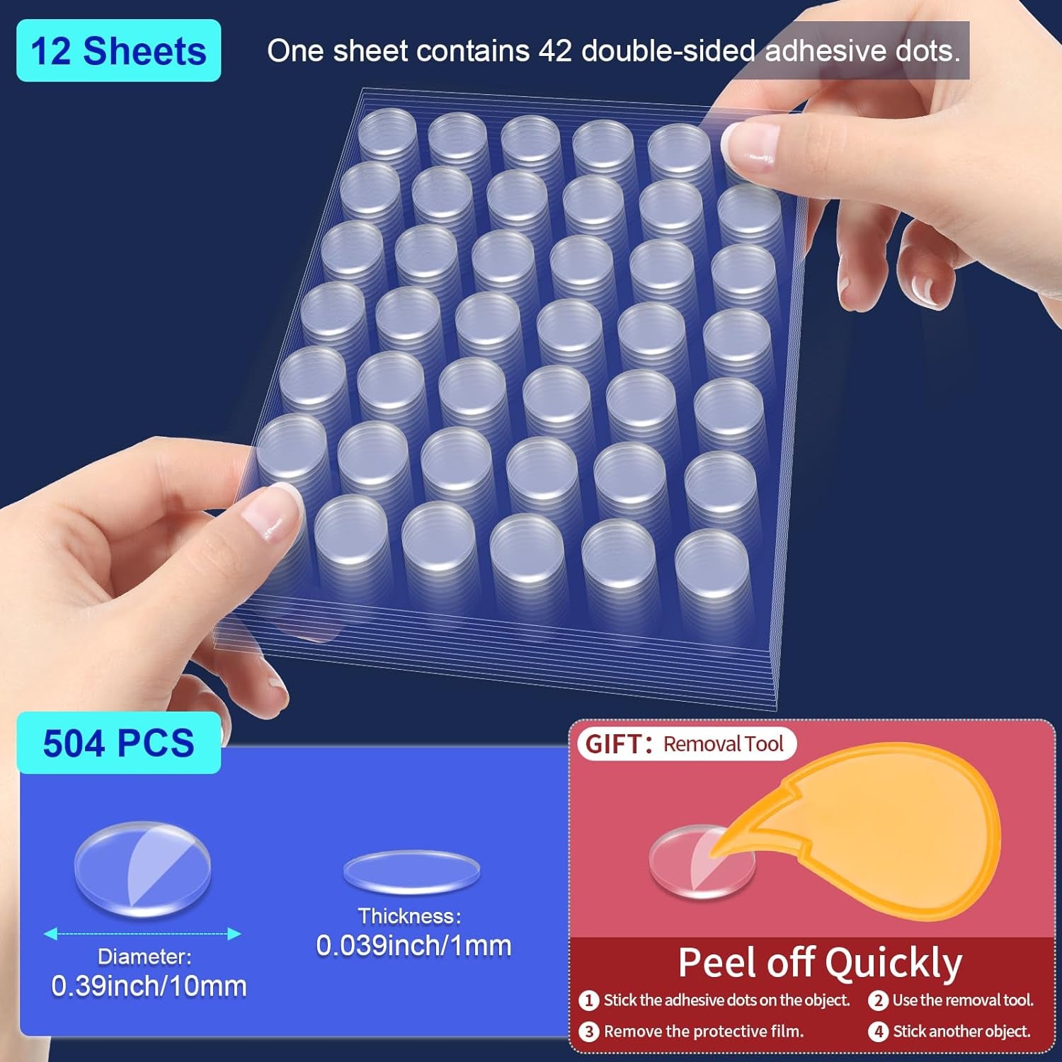 504 Pcs Clear Removable Adhesive Dots, Glue Point Dots for Crafts Balloons Poster, Double Sided Sticky round Dots (0.39 Inch)
