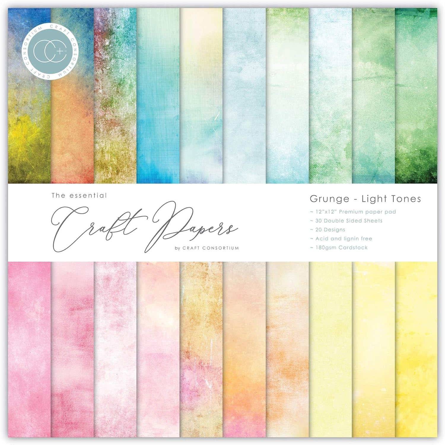 Double-Sided Paper Pad 12"X12" 30/Pkg-Grunge-Light Tones, 20 Designs, Multi