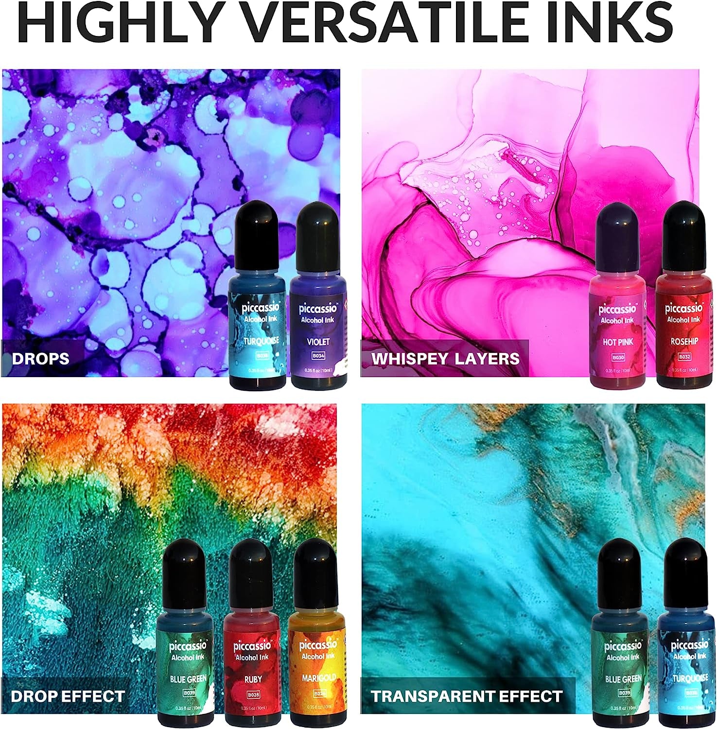 Alcohol Ink Set - New Improved Formula - 24 Highly Saturated Alcohol Inks - Fast-Drying and Permanent Inks - Versatile Alcohol Ink for Epoxy Resin, Tumblers, Fluid Art Painting, Glass, Metal Etc