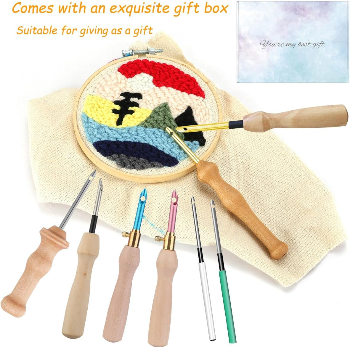 16 Piece Punch Needle Kit Punch Needle Embroidery Kits Adjustable Punch Needle Tool, Wooden Handle Embroidery Pen, Punch Needle Cloth, Punch Needle Set for Embroidery Floss Cross Stitching Beginner