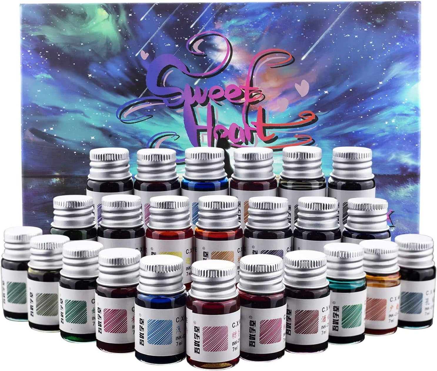 24 Colors Calligraphy Ink Set, Calligraphy Fountain Glass Dip Pen Color Ink Caligrapher Pen Ink Bottle Set, Gold Powder Drawing Writing Art Ink with Gift Box - 24 X 7Ml