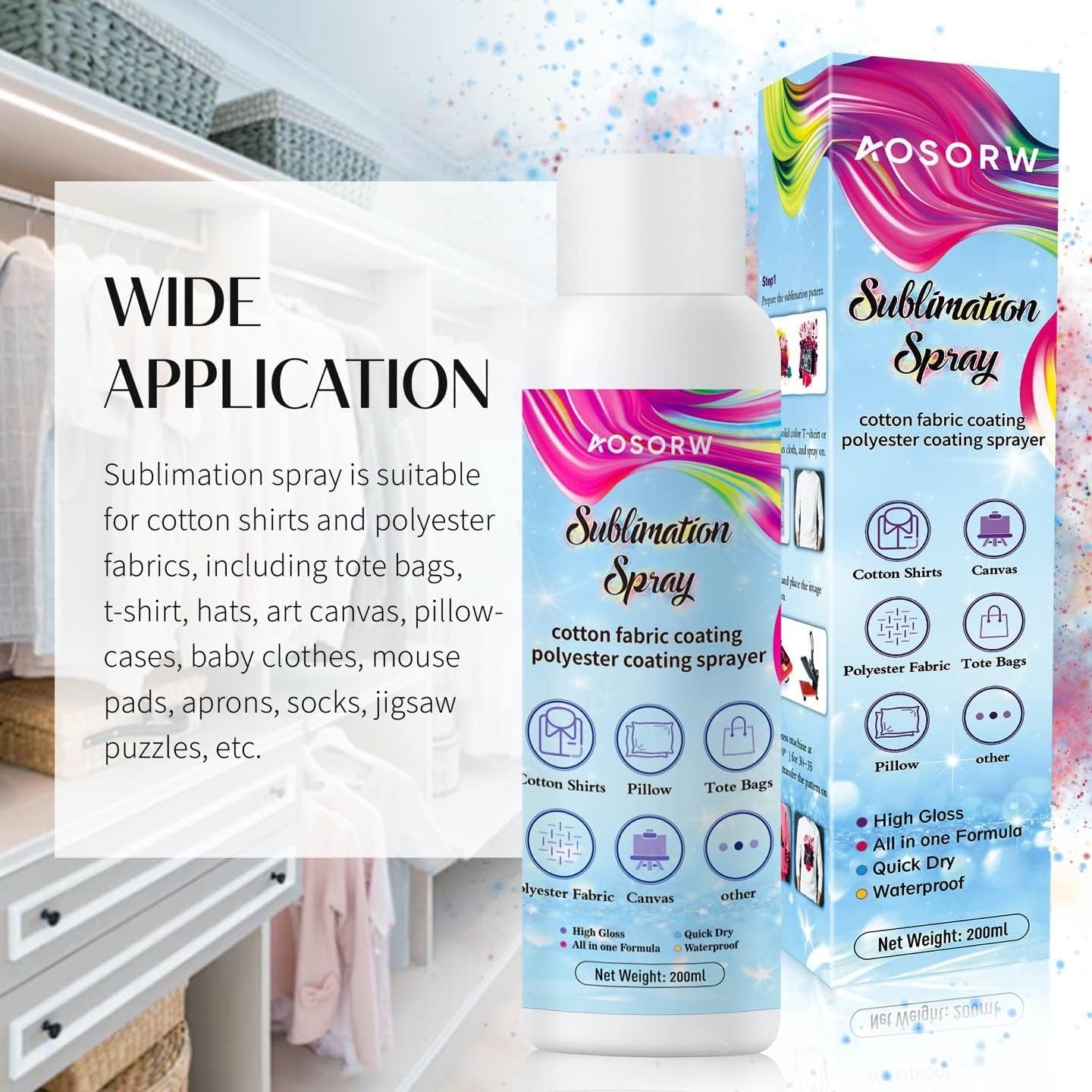 200 Ml Sublimation Spray for Cotton Shirts, Sublimation Coating Spray for T-Shirts, Canva, Sublimation Supplies for Cotton, Canvas, Polyester Fabric, Quick Dry, High Gloss