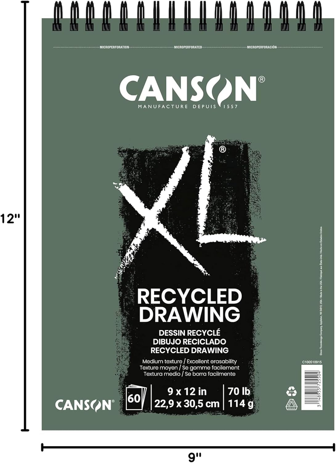 XL Series Recycled Drawing Paper Pad, Top Wire Bound, 70 Pound, 9 X 12 Inch, 60 Sheets