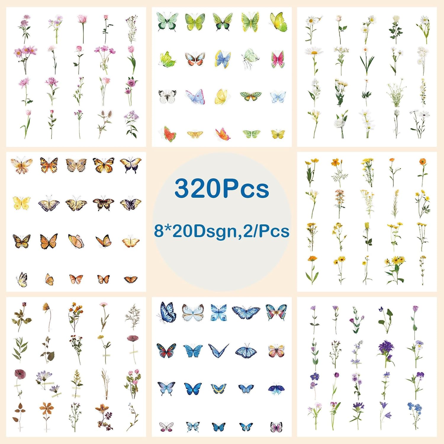 Butterfly Floral Stickers Bulk - 320 Pcs Transparent Realistic Dried Pressed Flower Stickers for Crafts, Envelopes, Scrapbook, Junk Journal Supplies - Waterproof Clear Wildflower for Resin