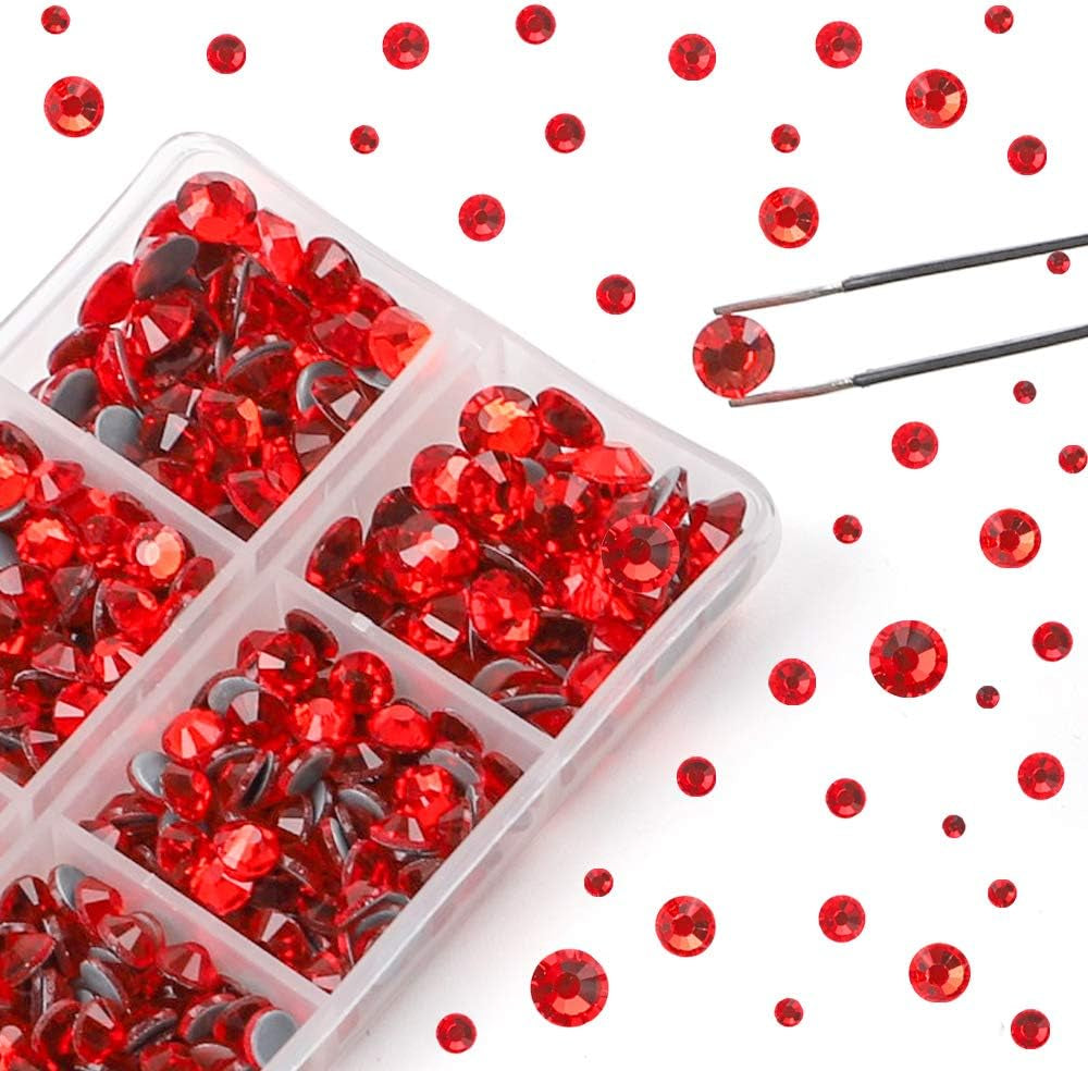 5040Pcs Red Flatback Rhinestones for Crafting, Crystal round Gems for Nail Art DIY Crafts Clothes Bags, 6 Mixed Size Hotfix Rhinestones with Tweezers and Picking Rhinestones Pen