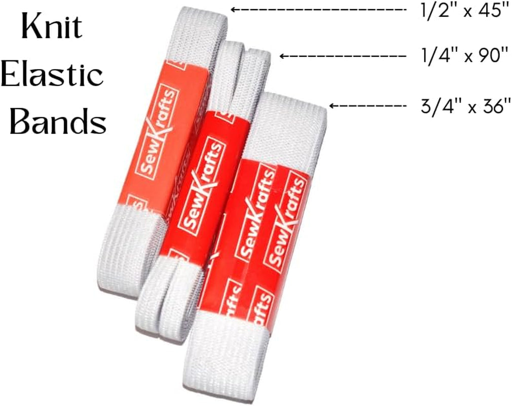 Knit Elastic - 3 Pack - 1/4" X 90", 1/2" X 45" and 3/4" X 36", Elastic for Sewing, White Elastic Bands for DIY Projects, Used on Waistbands, Sleeves, Necklines, Skirts, Swimwear, Leg Bands