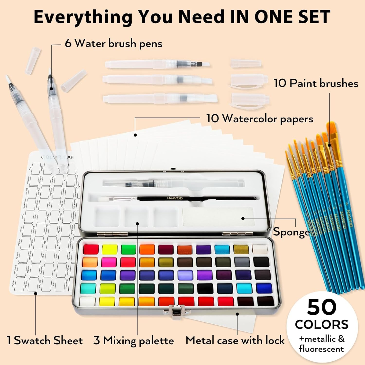 NAWOD Watercolor Paint Set, 50 Vivid Colors in Portable Box, Including Metallic and Fluorescent Colors, Watercolor Paper, Brushes. Ideal for Kids, Adults, Artists and Hobbyists, Perfect Starter Kit