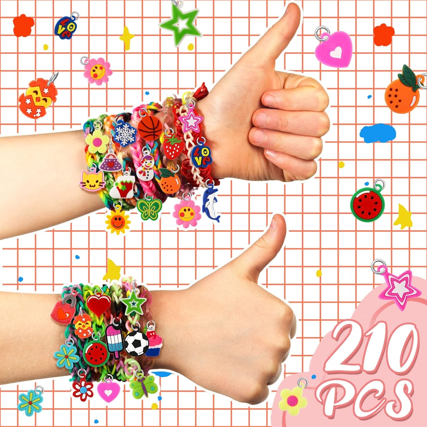 210 Pcs Silicone Bracelet Charms Rubber Bracelet Charms Small Bracelets Pendants Loom Pals Charms Loom Rubber Bands Making Kit for Jewelry Necklace DIY Charm Bracelets, 30 Styles