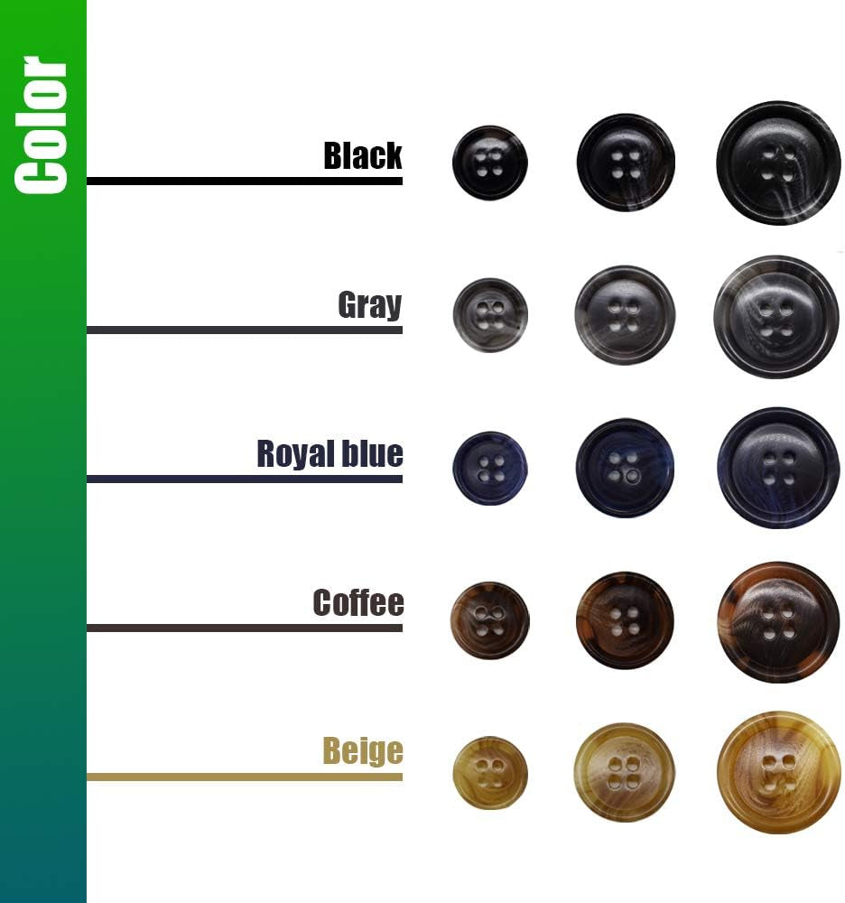 90Pcs Faux Buffalo Horn Suit Coats Buttons 5 Color 3 Size (15MM, 20MM, 25MM) for Jacket Sleeves and Pants Sport Coat Uniform by  (5 Color)