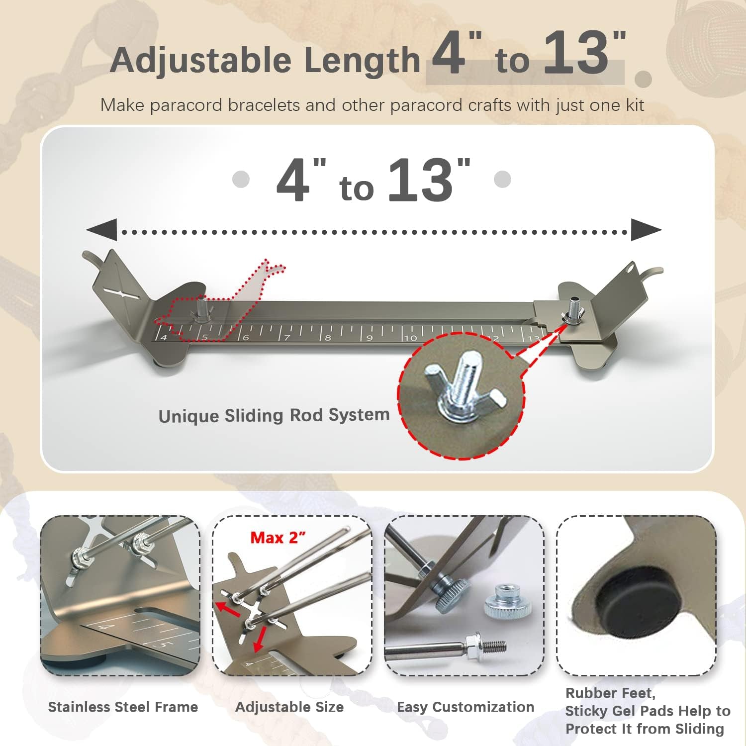 Paracord Bracelet Jig Kit with Knotters Tool Marlin Spike Paracord FID Set Lacing Needles/Fids for Paracord Work Paracord Tool Kit Adjustable Length 4" to 13" Paracord Jig Bracelet Maker