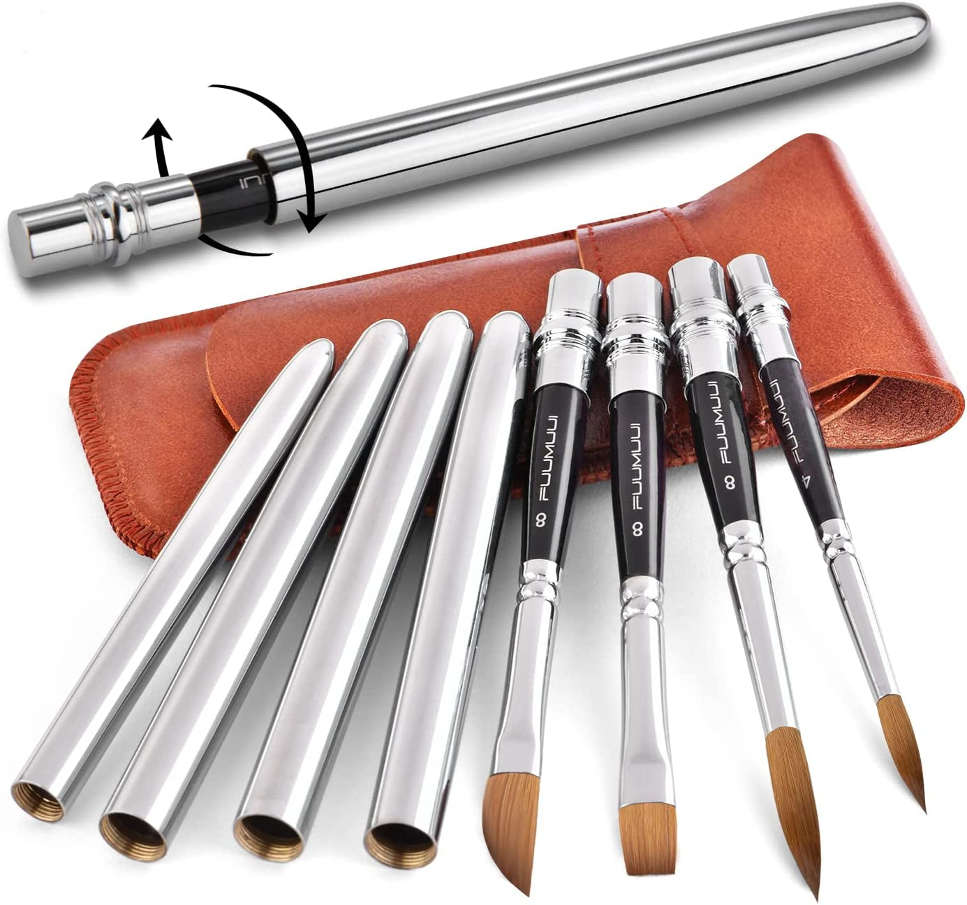 Sable Travel Watercolor Brushes,  4Pcs Kolinsky Sable Watercolor Travel Brushes with Leather Pouch - Fine Point Rounds Dagger Flat for Watercolor Gouache Ink Painting