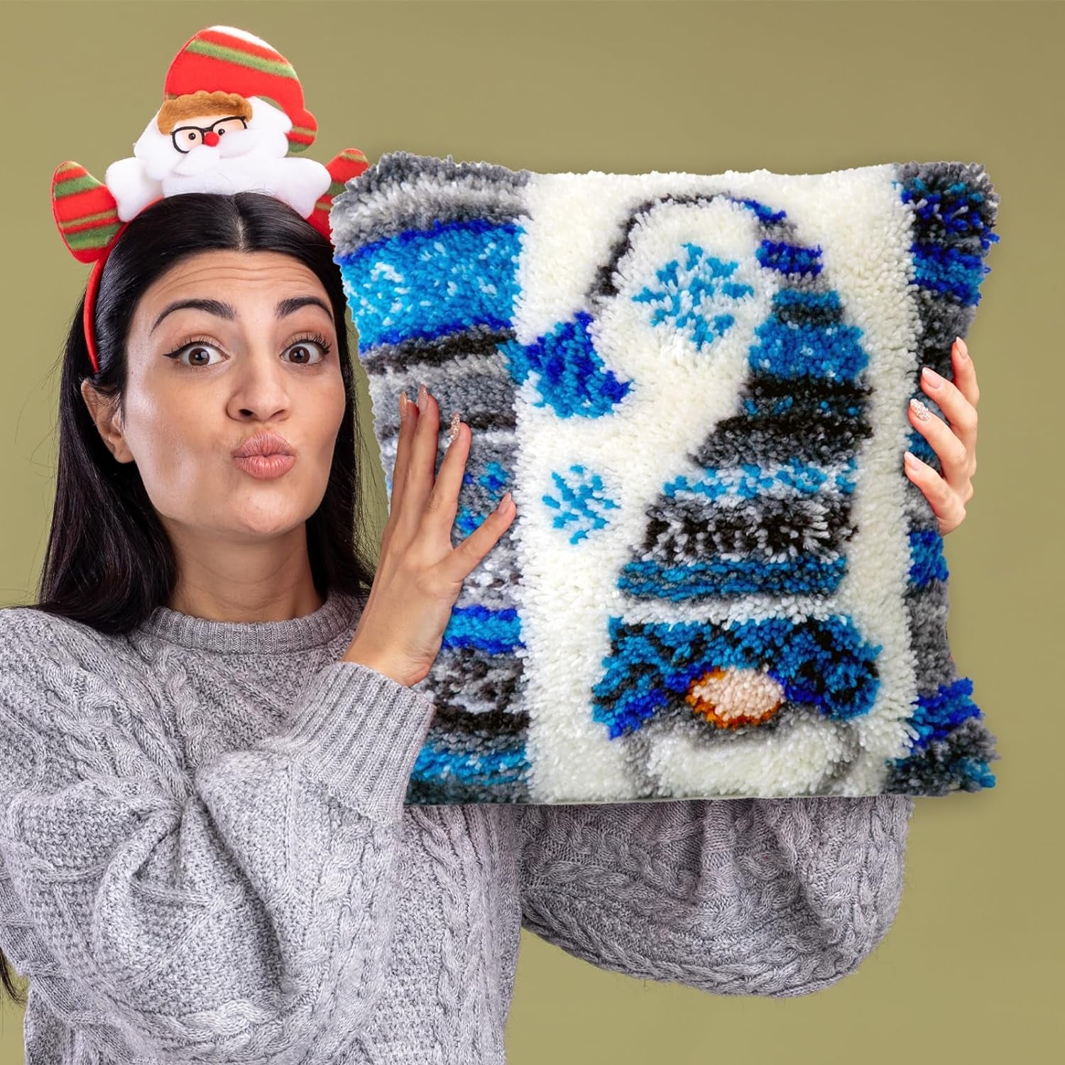 Latch Hook Kits for DIY Throw Pillow Cover,Needlework Cushion Cover Hand Craft Crochet for Great Family 17X17Inch Christmas Hat