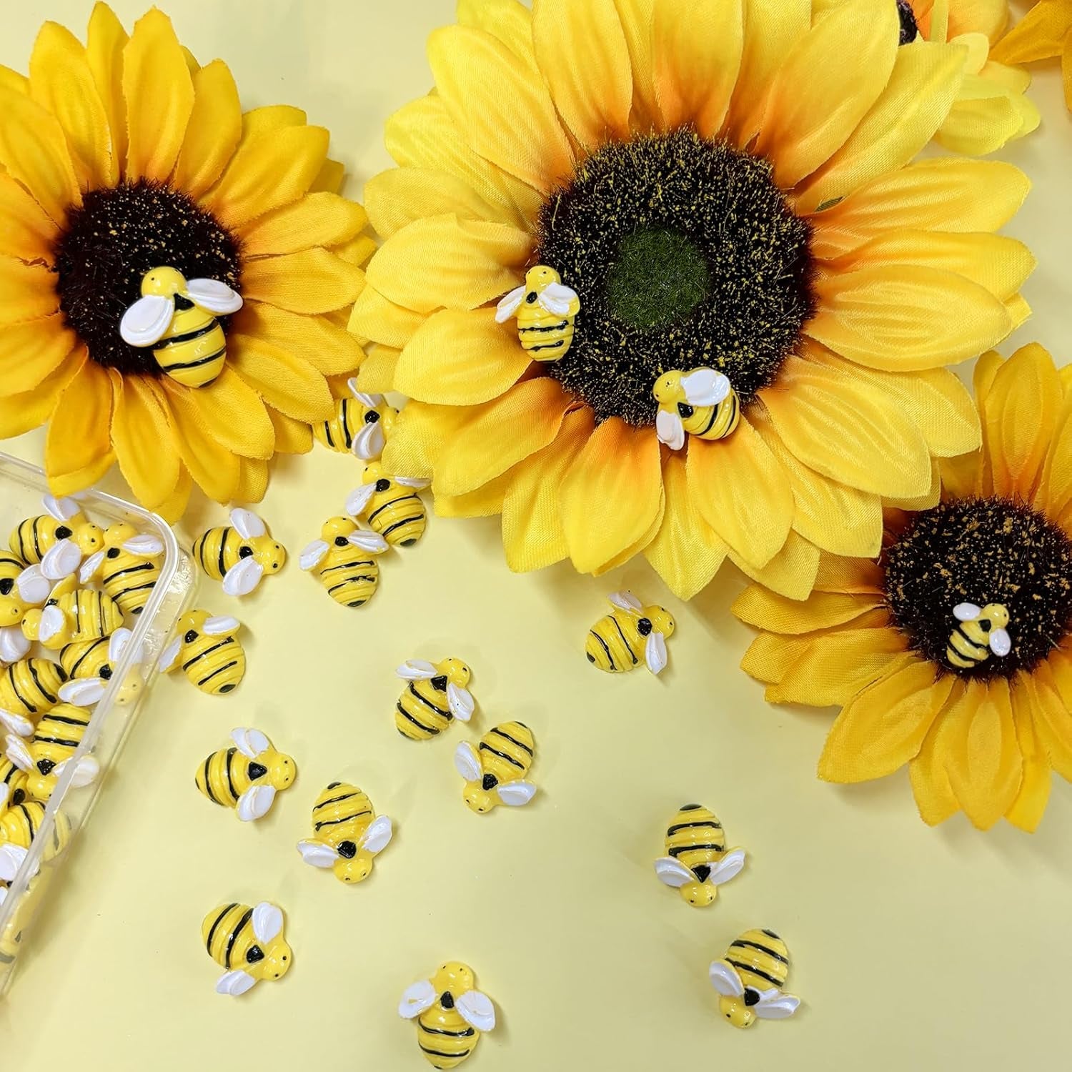 Tiny Resin Bees for Crafts, 50 Pcs Plastic Bumble Bee Decor for DIY Wreath Embellishments and Bee Themed Party Supplies Baby Shower Birthday Table Decoration