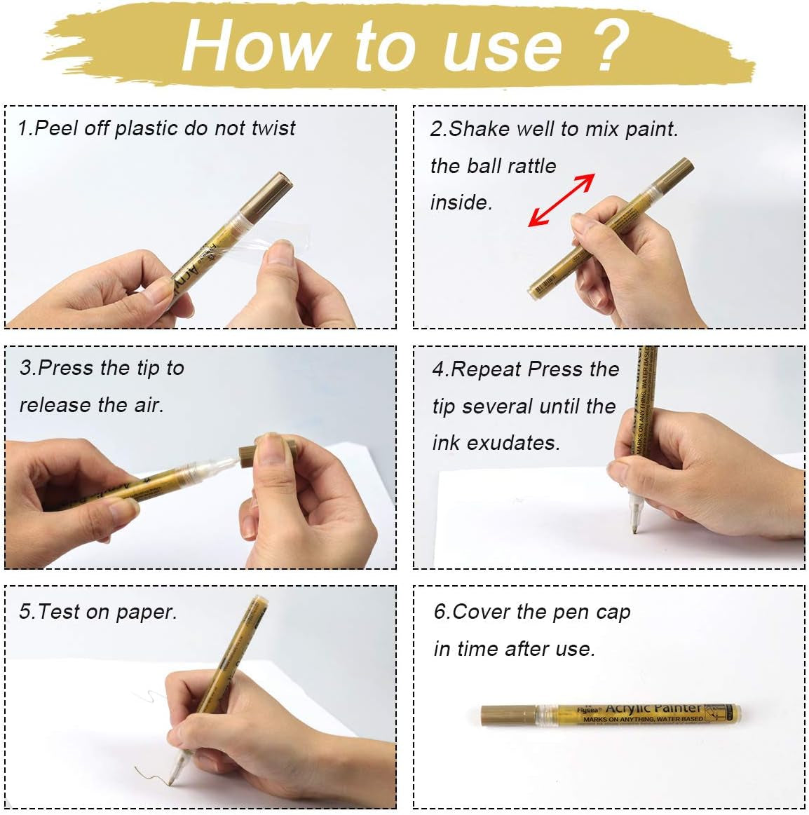 Paint Pen Gold Silver Metallic Permanent Acrylic Markers Set for Fabric Glass Rock Wooden Ceramic Leather Tire Painting, 0.7Mm Extra Fine Tip (3Pcs Gold+3Pcs Silver)