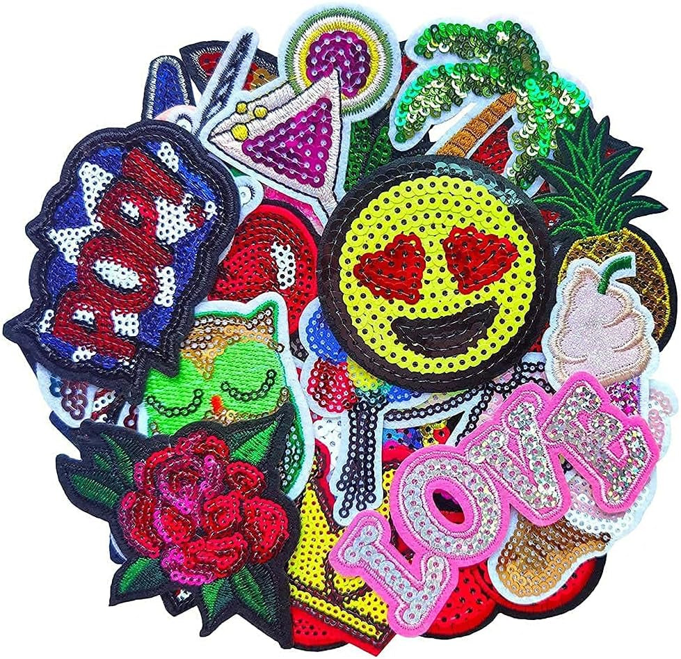 32Pcs Assorted Styles Colorful Sequins Sewing On/Iron on Embroidered Patches Clothes Dress Hat Pants Shoes Curtain Sewing Decorating DIY Craft Embarrassment Applique Patches (Sequins-2)