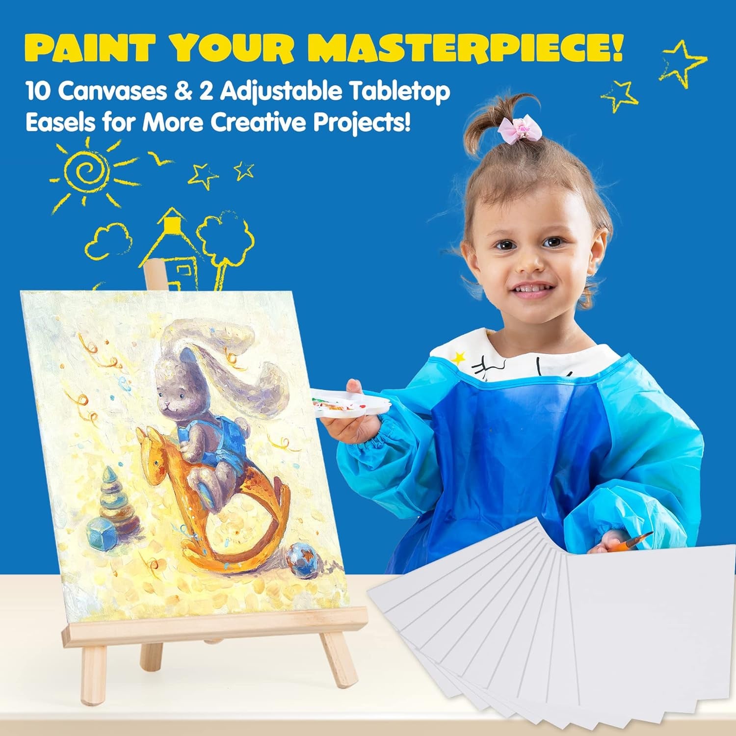 48 Pieces Art Painting Supplies for Toddlers and Kids with 12 Paint Brushes, 10 Painting Canvas, 2 Tabletop Easels, 2 Art Smocks, 18 Acrylic Painting Colors, Paint Palettes, Presents for Kids