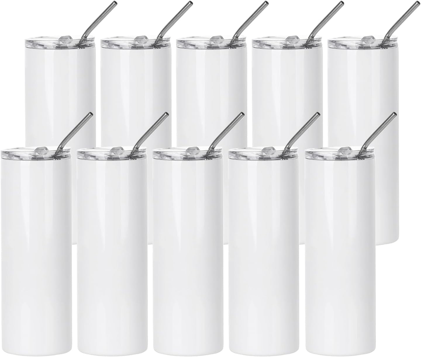 Skinny 20 OZ Straight Stainless Steel White Tumbler with Metal Straw for Heat Press Machine Printing 4 Pack