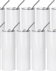 Skinny 20 OZ Straight Stainless Steel White Tumbler with Metal Straw for Heat Press Machine Printing 4 Pack