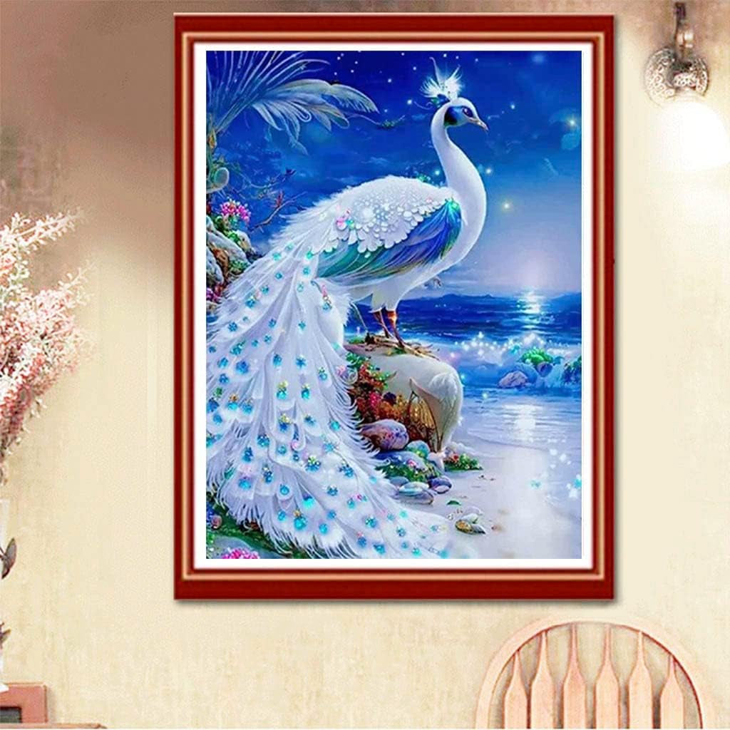 White Peacock Diamond Painting Kits for Adults Kids Beginner 5D DIY round Diamond Number Kits – Crystal Rhinestone Diamond Embroidery Paintings Great for Home, Office, Wall Decor 12×16 Inch