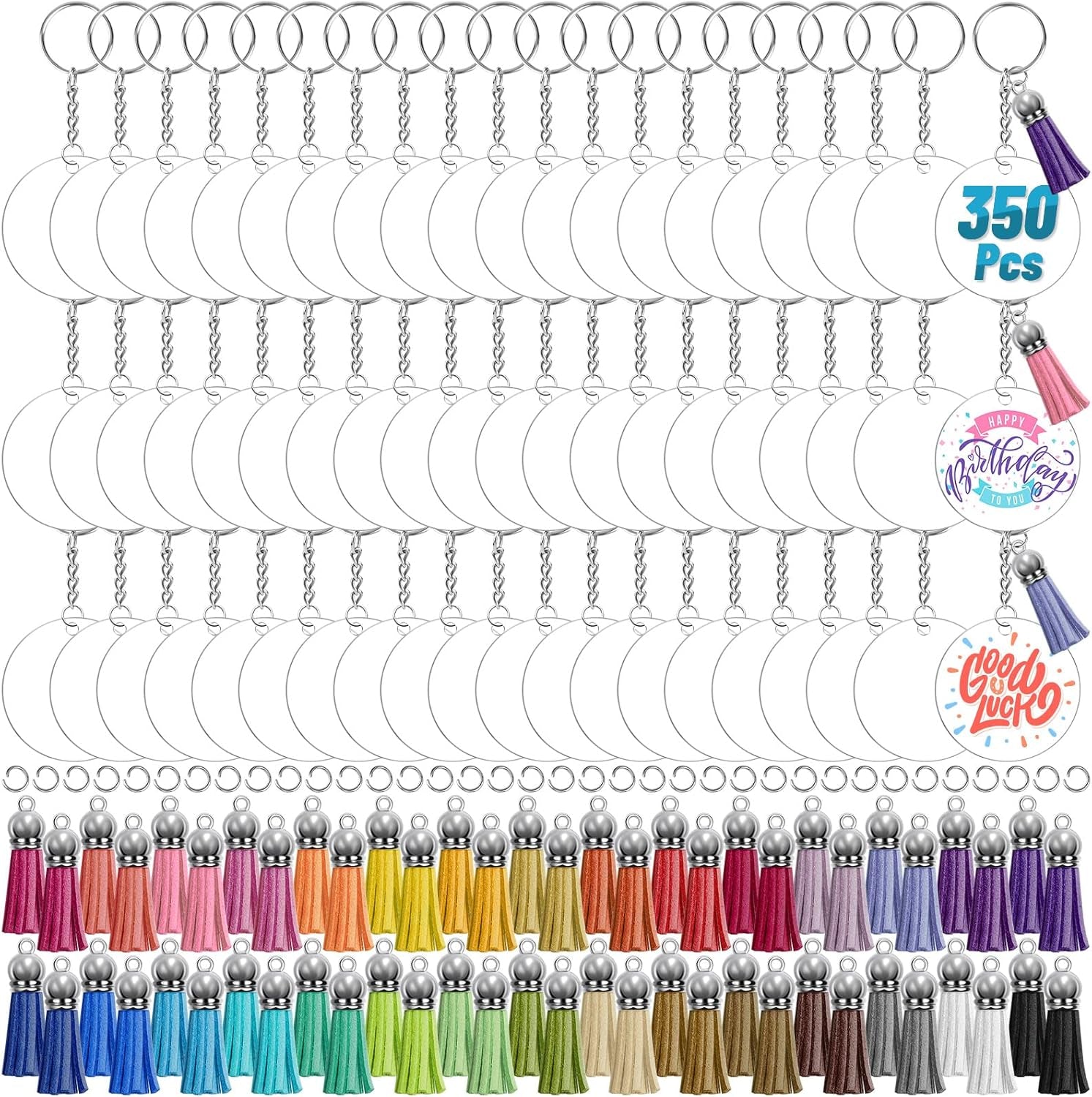 350Pcs Acrylic Keychain Blanks  Clear Acrylic Keychain Blanks for Vinyl with 60 Pcs Acrylic Blanks, 60 Pcs Keychain Tassels, 170 Pcs Jump Rings and 60Pcs Keychain Rings for DIY Keychain Craft