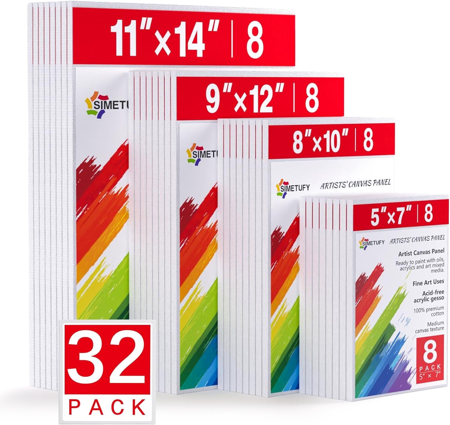 Canvas Boards for Painting 32 Pack, Paint Canvas Panels Set - 5X7, 8X10, 9X12, 11X14 Inches, Pre-Primed 100% Cotton Blank Canvases for Oil Acrylic Watercolor Pouring Paint for Kids &amp; Artists