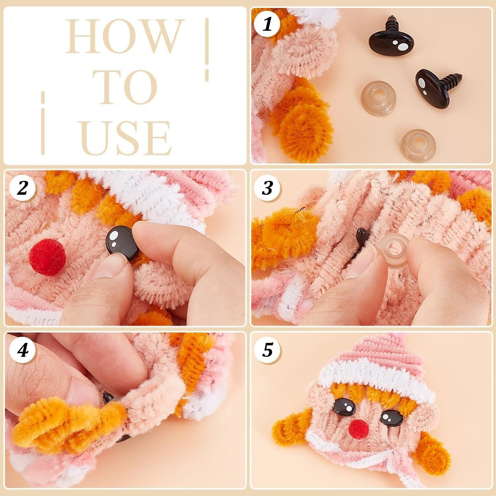 200Pcs Kawaii Safety Eyes, 5 Sizes Craft Eyes Black Stuffed Animal Eyes Kawaii Eyes with Washers Oval Resin Felt Eyes for Amigurumi Puppet Teddy Bear Crochet Plush Animal Making