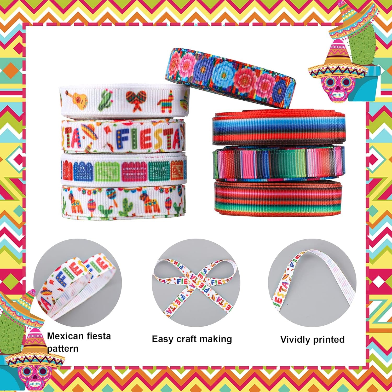 12 Rolls Fiesta Ribbon 3/8 Inch Mexican Serape Grosgrain Ribbons Colorful Stripes Pinata Cactus Guitar Decorative Ribbon for Cinco De Mayo Fiesta Party Mexican Theme Party Events, 60 Yards
