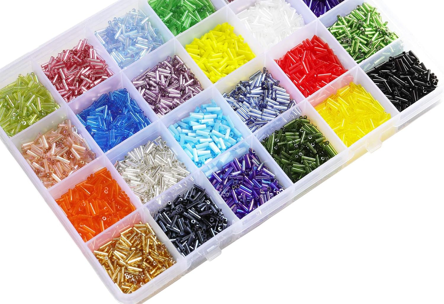 Crafts Glass Bugle Beads 6Mm Tube Spacer Beads Beading Needles with Organizer Box for Jewelry Making (24 Assorted Multicolor Set, Total about 7200Pcs)
