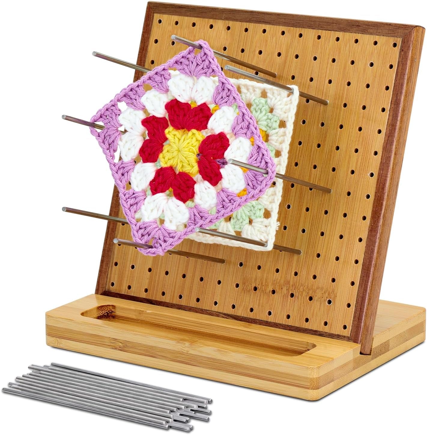 7.8" Crochet Blocking Board with 20 Pins/Pegs, Blocking Board for Crocheting Knitting, Bamboo Granny Square Blocking Boards for Crochet Projects, Wooden Crocheting Accessories Gifts for Crocheters
