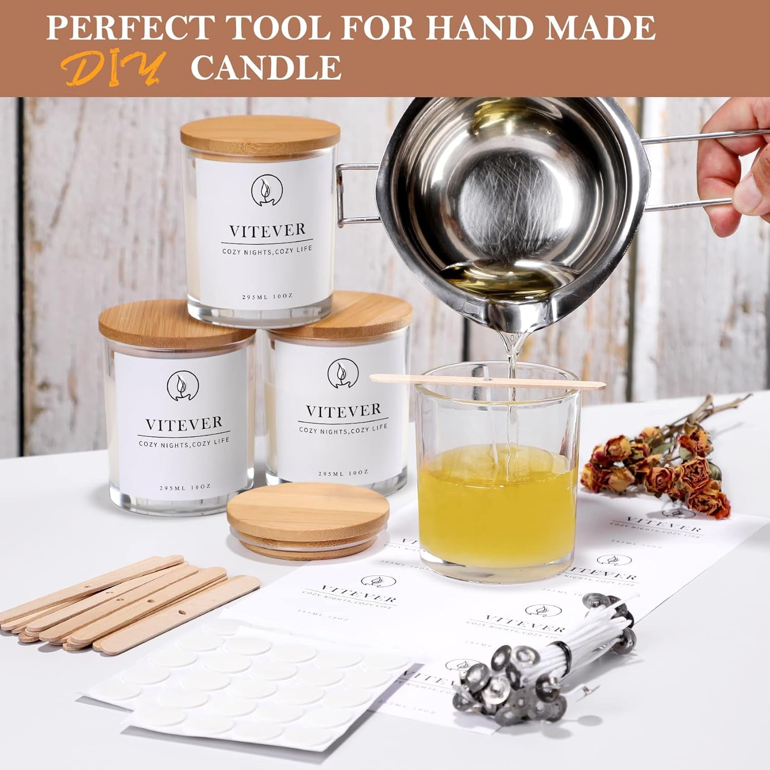 16 Pack, 10 OZ Thick Glass Candle Jars with Bamboo Lids and Candle Wick Kit - Bulk Clear Empty Glass Candle Jars for Making Candles - Spice, Powder Containers