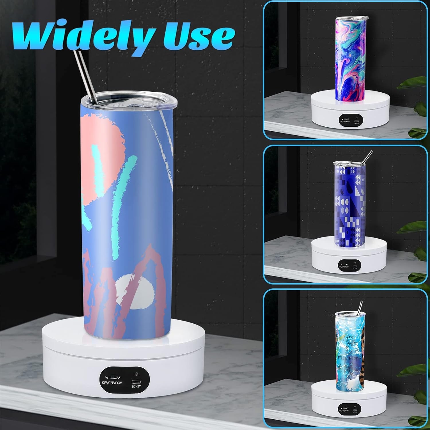 Exhibition Stand for Sublimation Tumbler, 360° Automatic Mute Rotating Revolving Platform 12Oz, 20Oz&amp;50Oz Heat Press Blanks Tumblers Skinny Straight, Cup(White), White-01 (ZT-001)