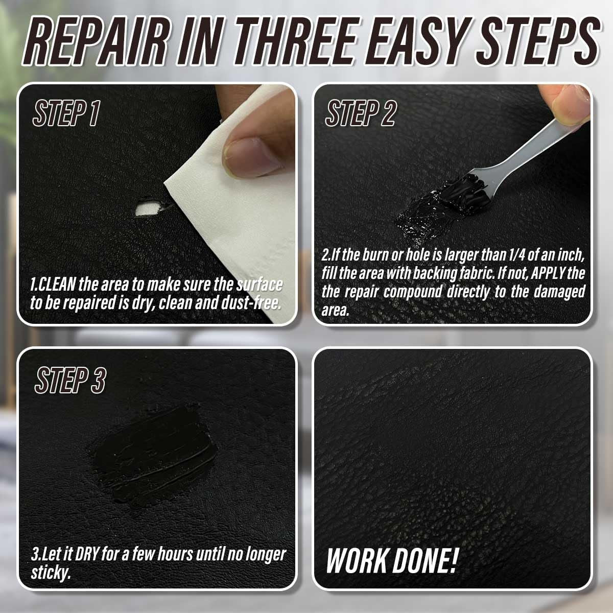 Black Leather Repair Kit for Car Interior, Leather Seat Repair Kit for Cars, Vinyl Repair Kit Repairs Tears &amp; Burn Holes from Furniture, Jacket, Chair, Sofa and Purse, with Color Matching Guide