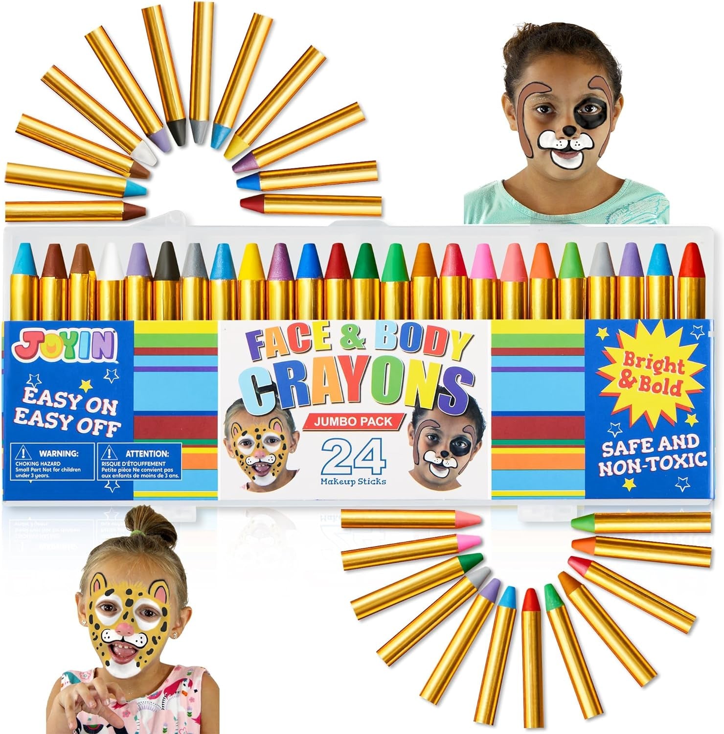 24 Colors Face Paint Safe & Non-Toxic Face and Body Crayons (Large Size 3 Inch) Ultimate Party Pack Including 6 Metallic Colors for Birthday Toy Makeup Party Suppiles, Gifts for Kids Girls Boys