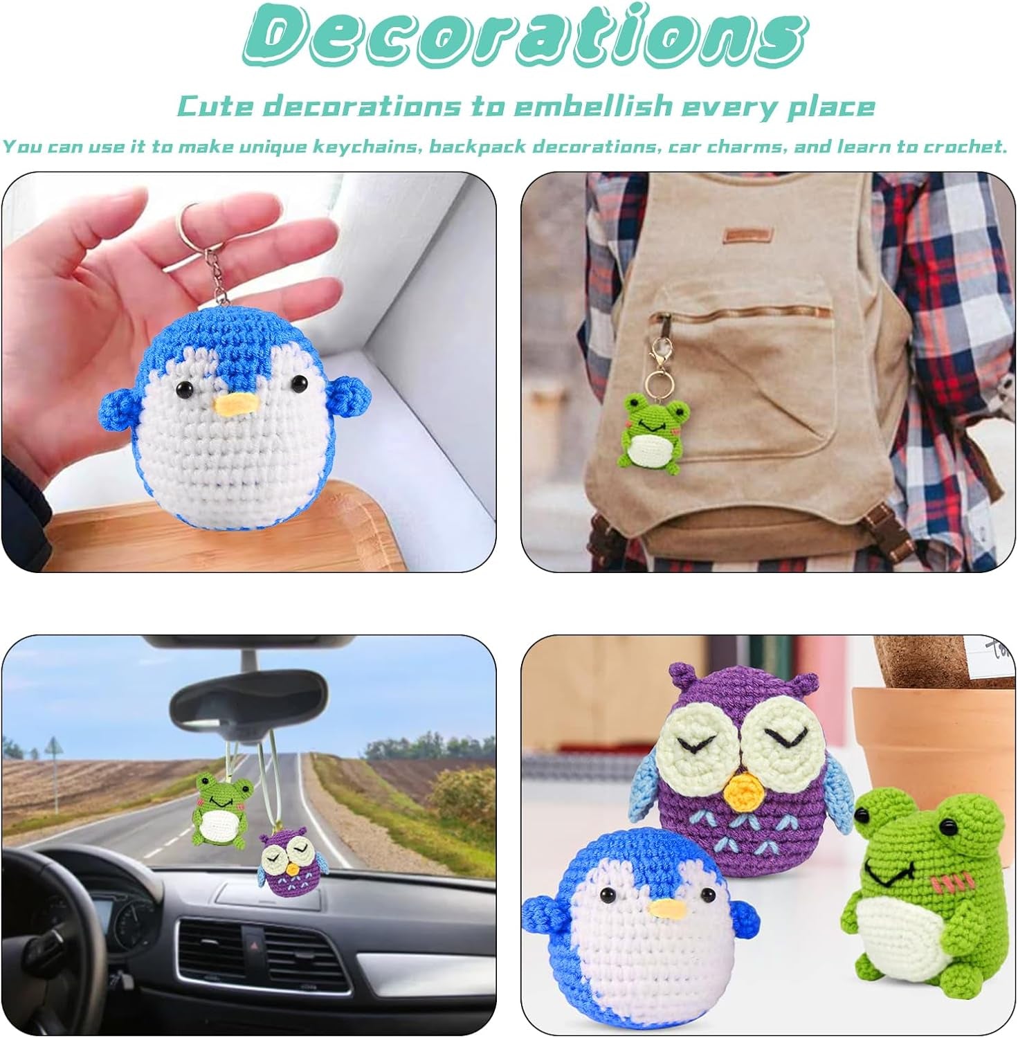 Crochet Kit for Beginners Kids Adults - Amigurumi Crocheting Animal Kits, Beginner Knitting Set DIY Art Craft, 3 Pattern Owl, Penguin, Frog, Easy to Learn Tutorials, Yarns, Hook, for Girls Age 12+